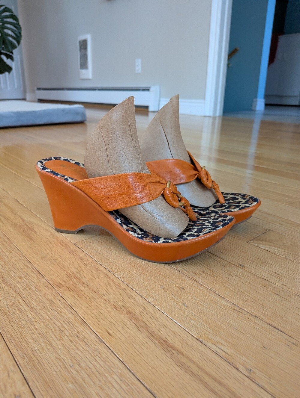Naturalizer Lusie Orange Leather Leopard Print Wedge Sandals Size 8M - Picture 2 of 9